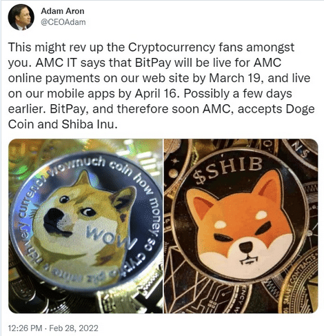 ستقبل مسارح AMC المدفوعات باستخدام Dogecoin و Shiba Inu في الأسابيع القادمة وفقًا لرئيس الشركة التنفيذي 4 مسارح AMC المدفوعات باستخدام Dogecoin و Shiba Inu في